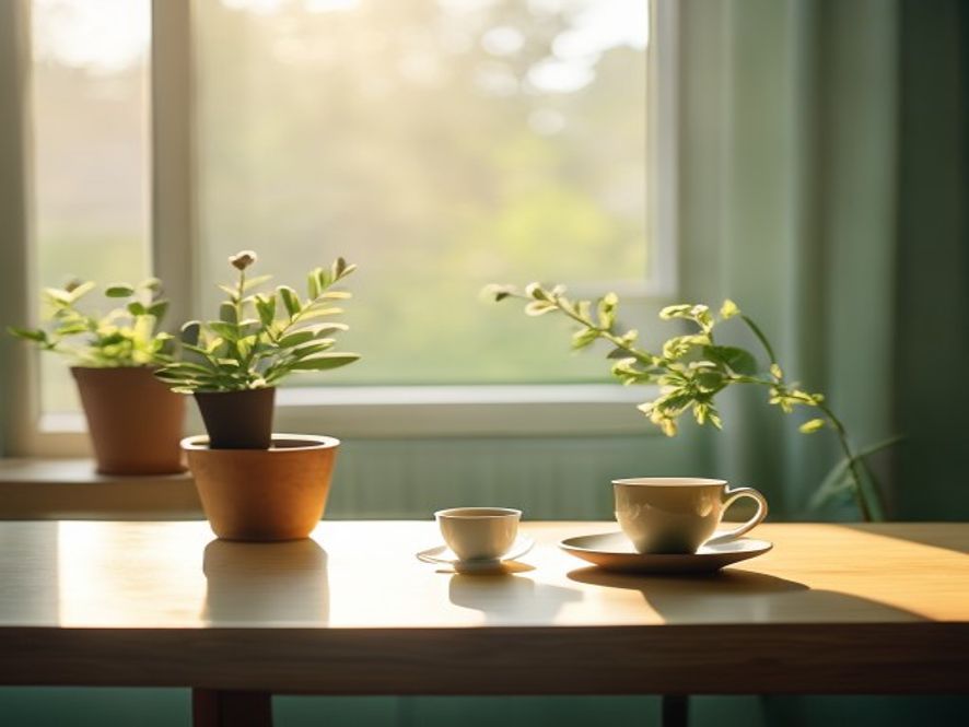 Ochtendlicht in kantoor, plant bij raam, kopje koffie op bureau